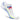 White ankle sock with blue and yellow stripes and a red logo on a white background